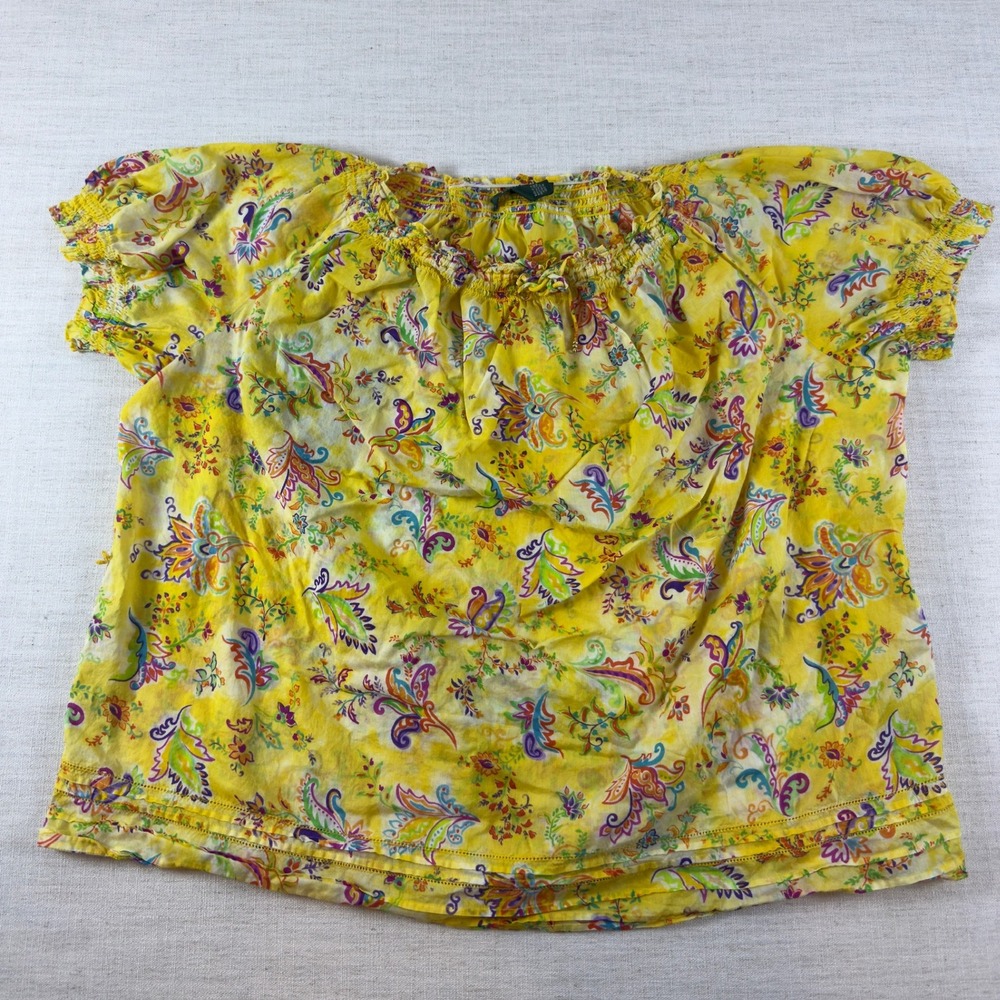 Lauren Ralph Lauren Yellow Paisley Cotton Smocked Peasant Blouse Top 3X